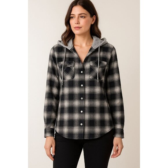 Miss Selfie Tops - Black & White Plaid Button-Up Shirt With Gray Hood By Miss Selfie S